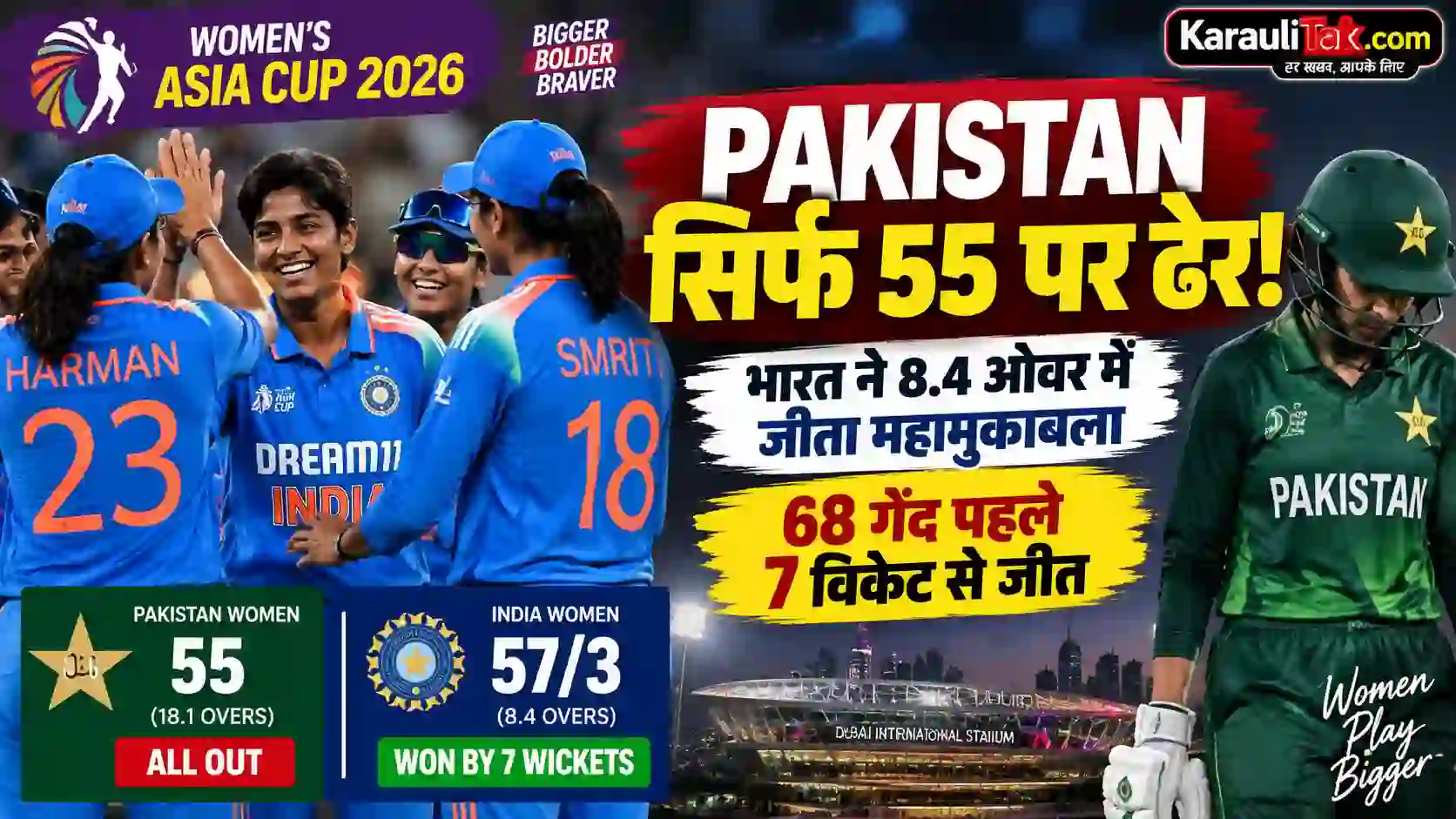 महिला एशिया कप 2026 में भारत ने पाकिस्तान को 7 विकेट से हराया, पाकिस्तान 55 रन पर ऑलआउट