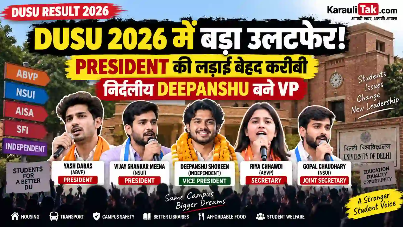 DUSU Election Result 2026: कौन बना DU President? Winners, Votes और पूरा Result