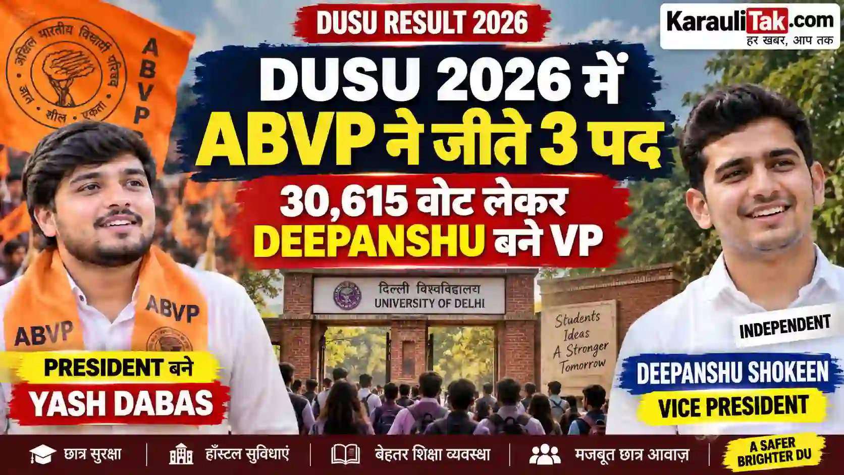 DUSU Result 2026: ABVP ने जीते 3 पद, Deepanshu Shokeen की निर्दलीय जीत ने चौंकाया
