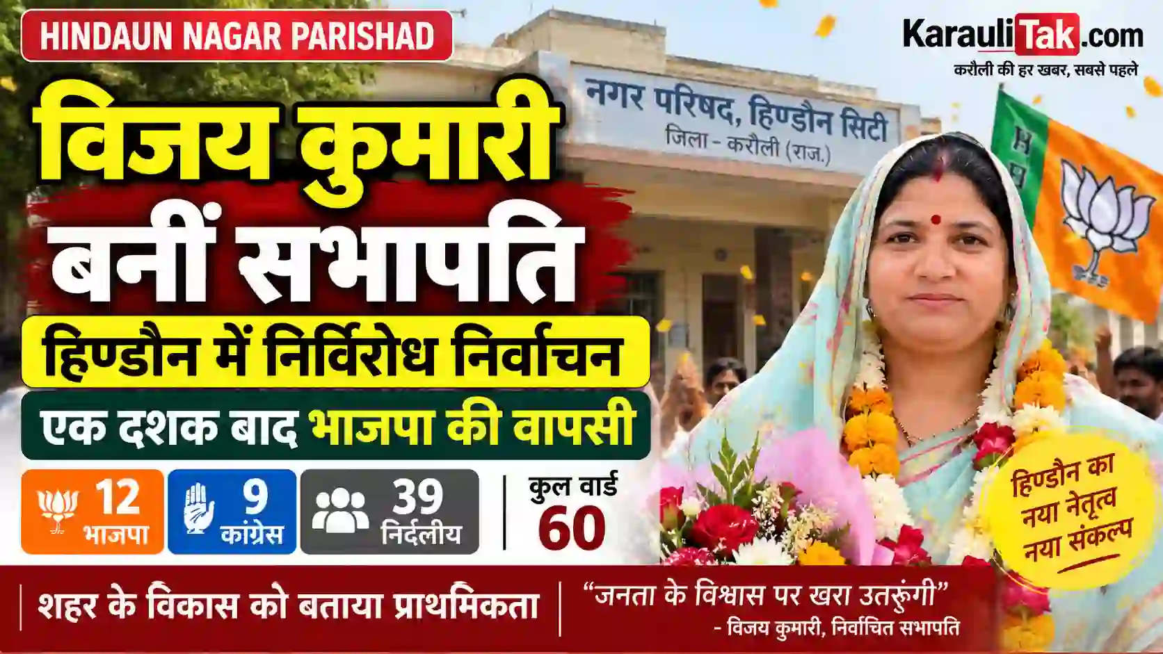 हिण्डौन में विजय कुमारी बनीं निर्विरोध सभापति, एक दशक बाद नगर परिषद में भाजपा की वापसी
